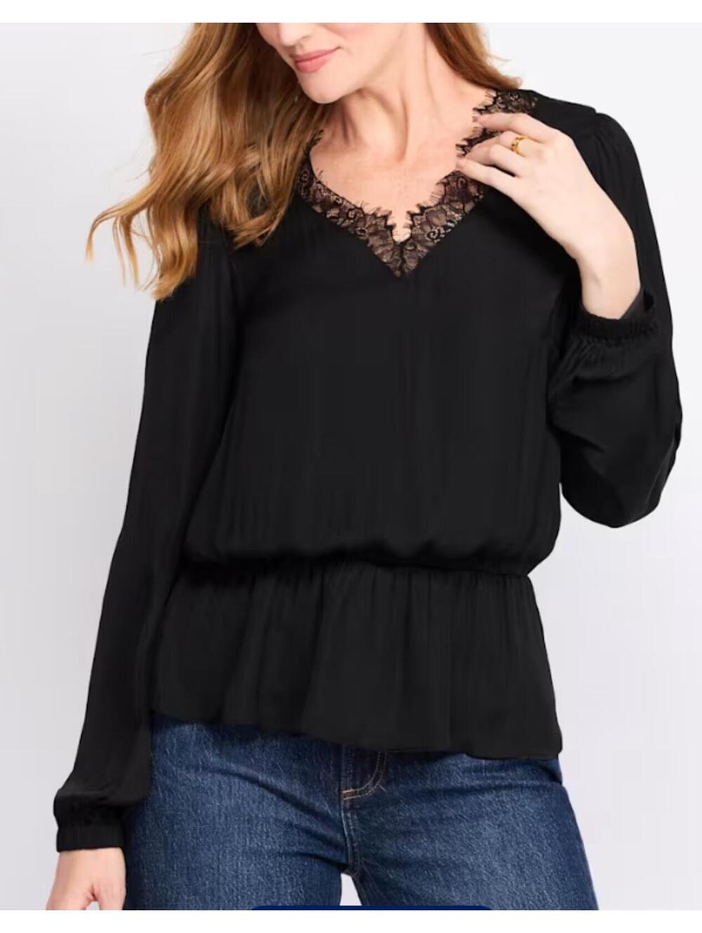 NWT Nine Britton Rina lace trim satin black blouse size Medium